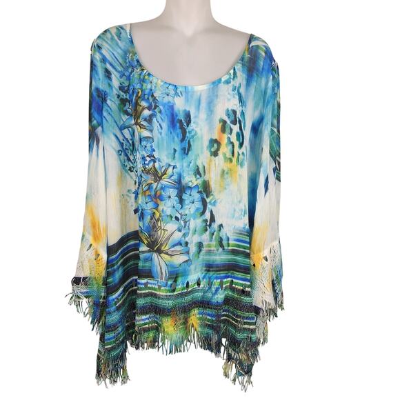 Mushka By Sienna Rose Women Sublimation Tassel Blouse Sheer Artsy Bell Sleeve 3X - Picture 1 of 10